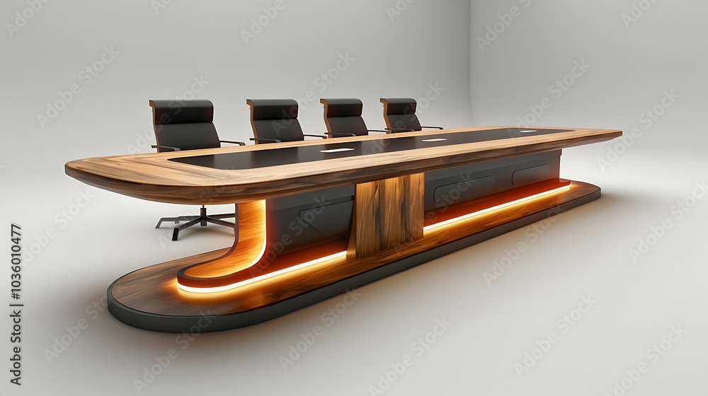 A sleek, modern conference table with wood and metal accents and warm LED lights. A sleek, modern conference table with wood and metal accents and warm LED lights.