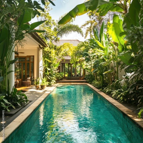 A luxury villa with a pristine swimming pool surrounded by lush plants, creating a serene and tropical atmosphere