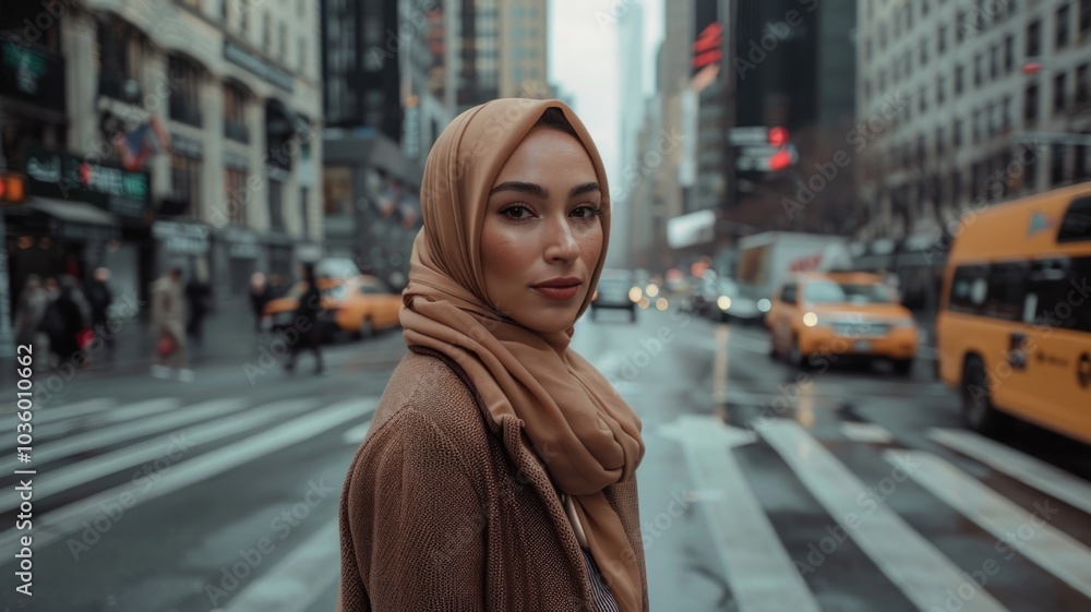 Urban scene with woman in headscarf on bustling city street Urban scene with woman in headscarf on bustling city street