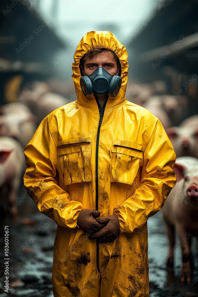 Young Caucasian male farmer in yellow rain gear and mask surrounded by pigs in a farm setting. Young Caucasian male farmer in yellow rain gear and mask surrounded by pigs in a farm setting.