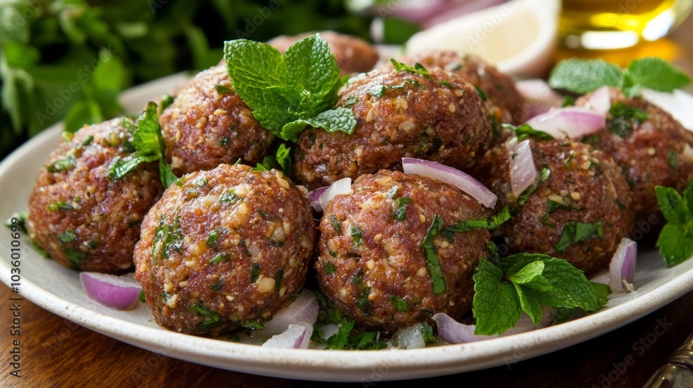 A delightful plate of Lebanese kibbeh nayyeh, raw minced meat mixed with bulgur wheat and spices, Kibbeh nayyeh plate centered A delightful plate of Lebanese kibbeh nayyeh, raw minced meat mixed with bulgur wheat and spices, Kibbeh nayyeh plate centered