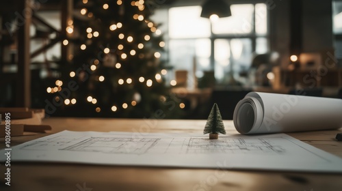 Festive construction office with architectural plans and christmas tree decor