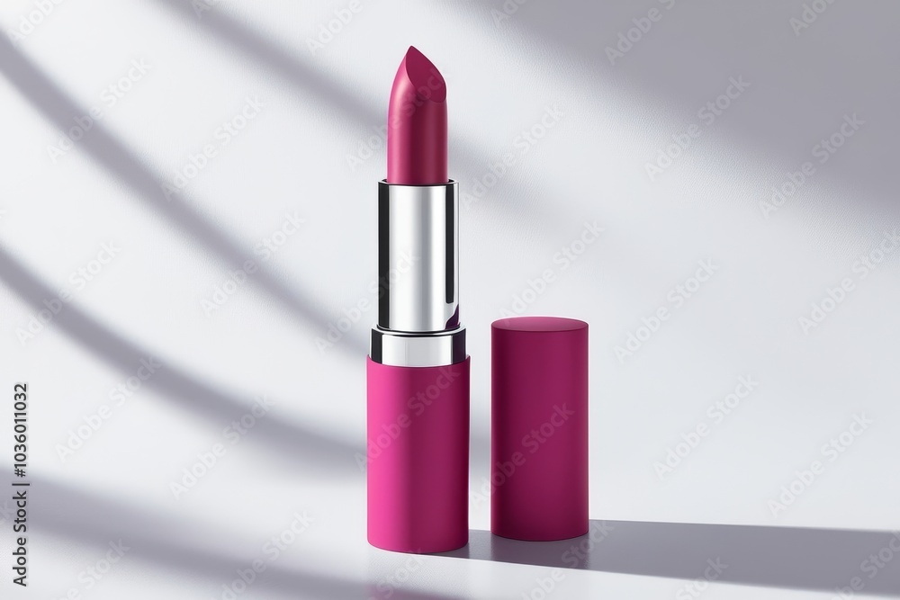 Vibrant pink lipstick in a sleek matte tube with the cap removed, light background for a bold yet elegant beauty product mockup Vibrant pink lipstick in a sleek matte tube with the cap removed, light background for a bold yet elegant beauty product mockup