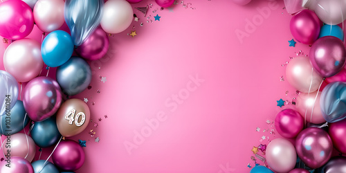 40 birthday or anniversary pink arrangement; colourful blue & pink balloons isolated over optimistic pink backdrop