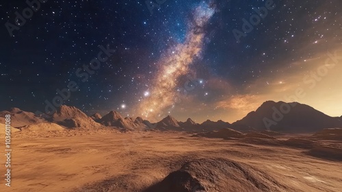 A serene desert landscape under a stunning milky way display