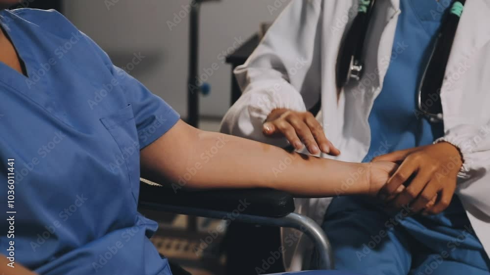 Medical examination on patient shoulder in clinic. Traumatology, orthopedist Medical examination on patient shoulder in clinic. Traumatology, orthopedist