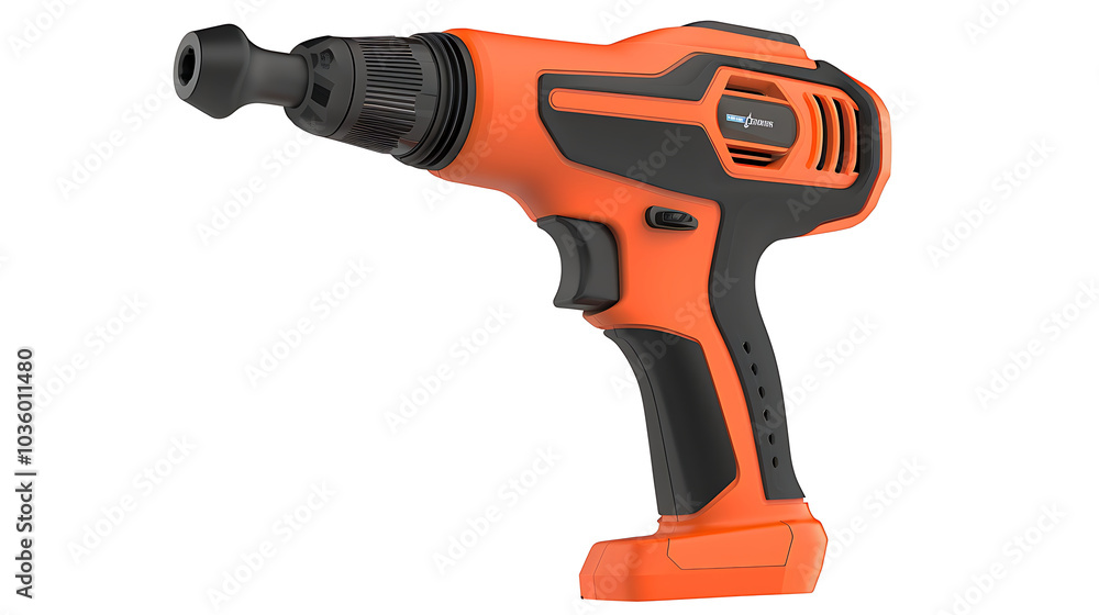 A bright orange and black cordless drill on a white background. A bright orange and black cordless drill on a white background.