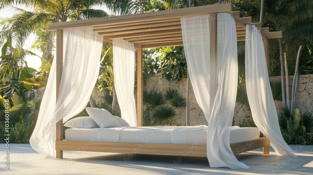 A serene cabana style bed draped in sheer white curtains offers a peaceful retreat in nature A serene cabana style bed draped in sheer white curtains offers a peaceful retreat in nature