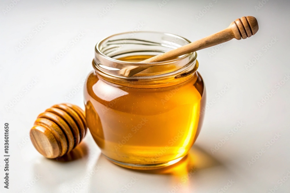 A jar of honey with a wooden spoon next to it A jar of honey with a wooden spoon next to it