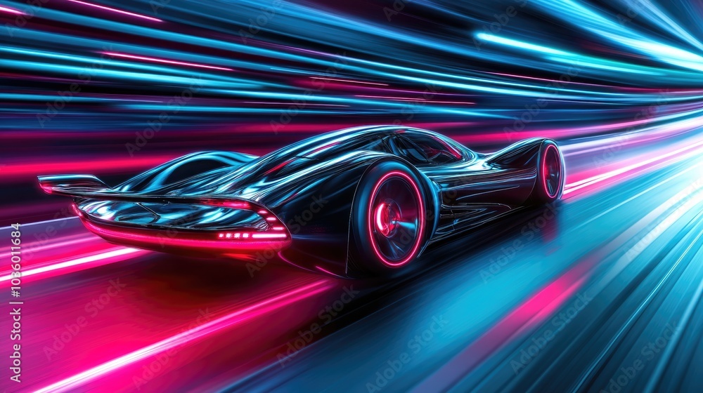 Futuristic Car in Motion with Neon Lights Futuristic Car in Motion with Neon Lights