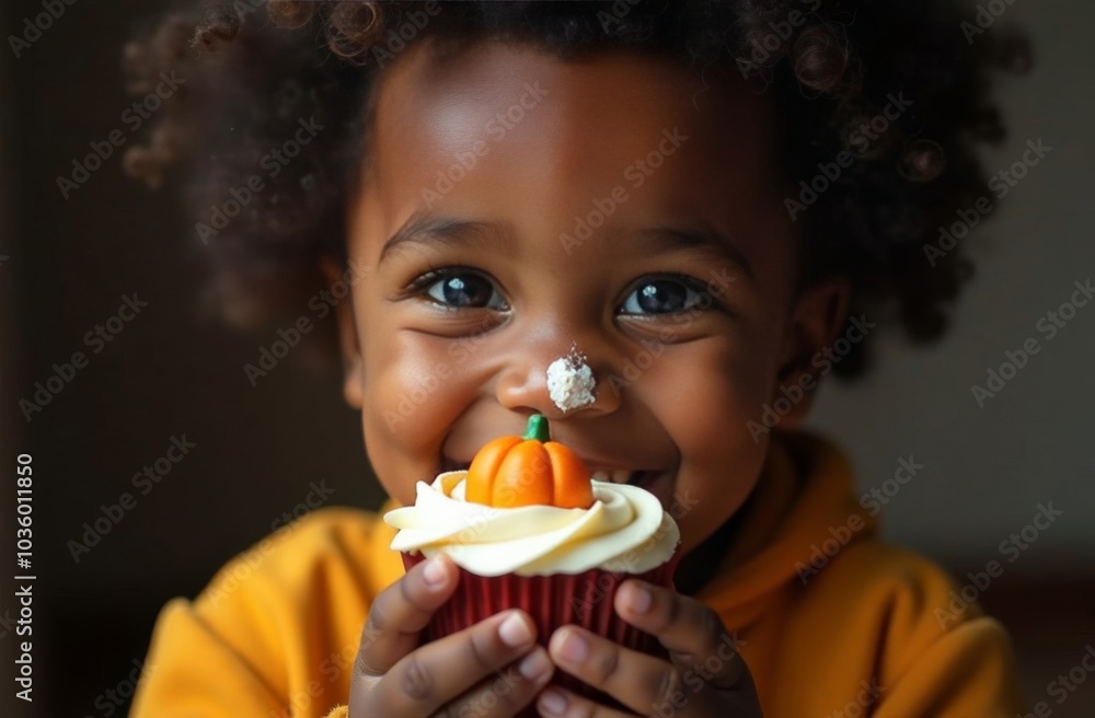 A African child eats a cupcake decorated with a pumpkin, ghosts for Halloween, stained with cream A African child eats a cupcake decorated with a pumpkin, ghosts for Halloween, stained with cream