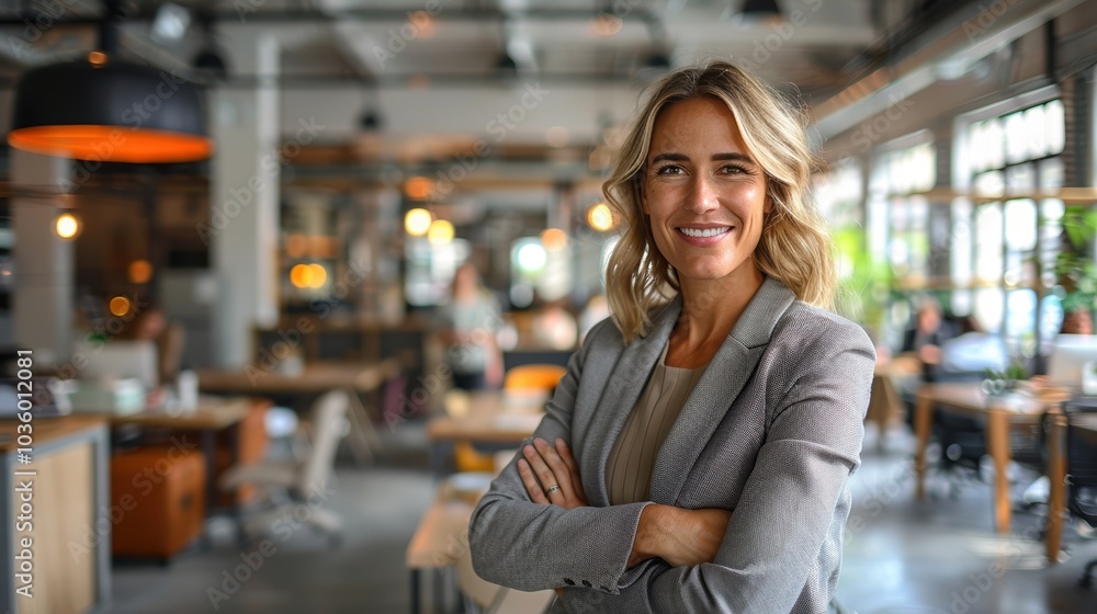 Professional woman confidently smiling in modern, open-plan office setting with colleagues working in the background signifying a productive workplace Professional woman confidently smiling in modern, open-plan office setting with colleagues working in the background signifying a productive workplace