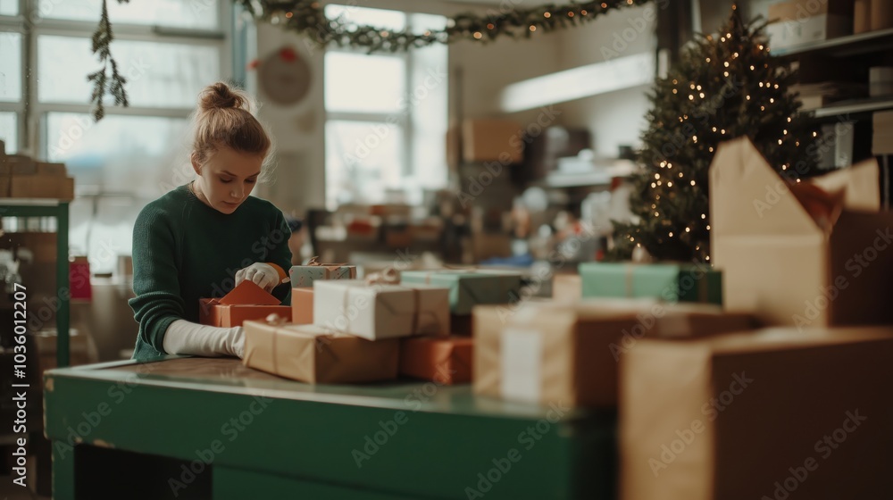 Fototapeta premium Cheerful holiday theme in bright post office during gift wrapping season