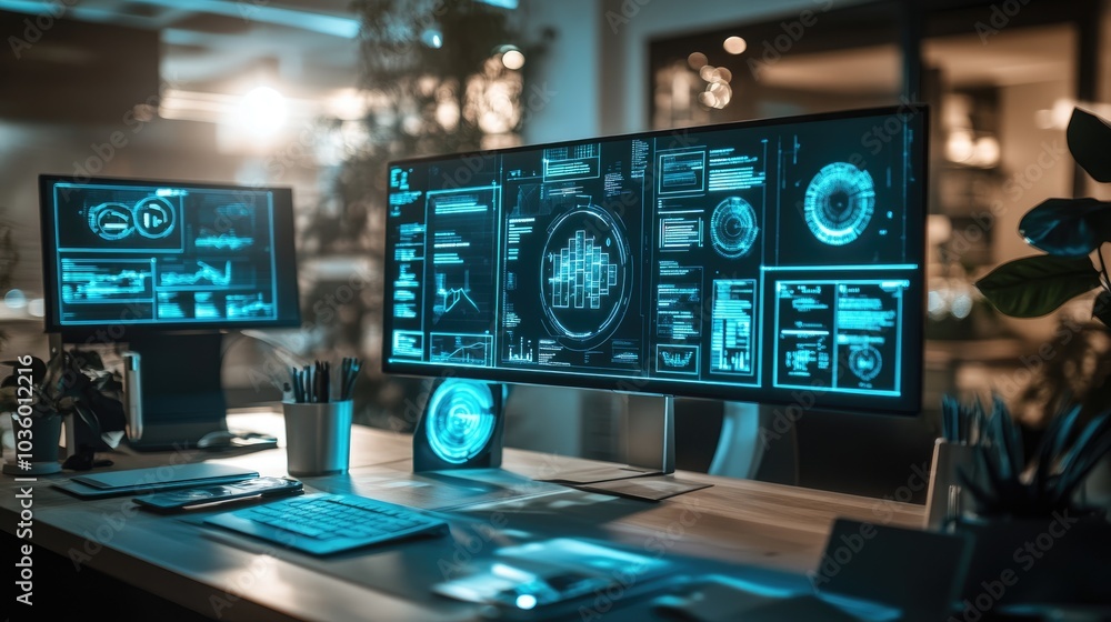 Futuristic Workspace with High-Tech Displays Futuristic Workspace with High-Tech Displays