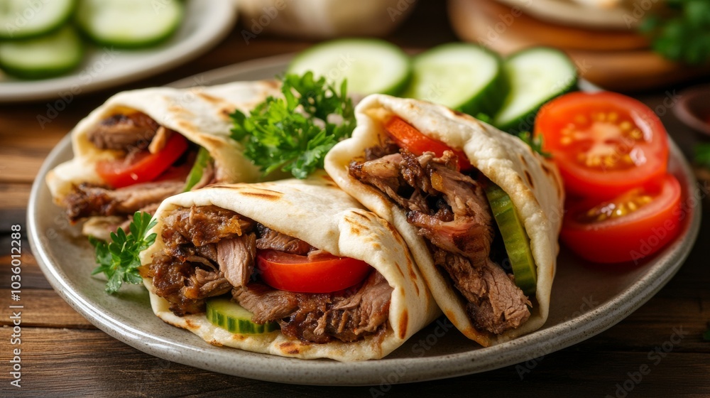 A delightful plate of Lebanese shawarma, thinly sliced marinated meat wrapped in pita bread with tahini sauce and pickles, Shawarma plate centered A delightful plate of Lebanese shawarma, thinly sliced marinated meat wrapped in pita bread with tahini sauce and pickles, Shawarma plate centered