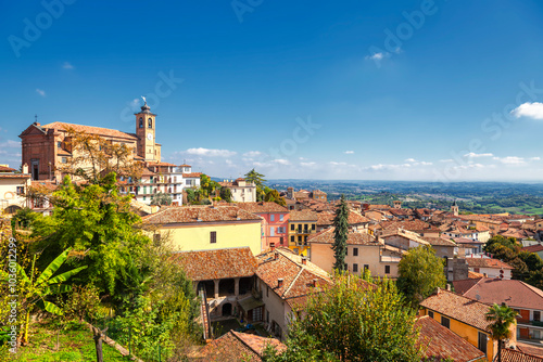 Panorama of the Monferrato hills, from the walls of the village of Cocconato (Italy, Piedmont Region, Asti Province). This area is world famous for its valuable red wines and is UNESCO Site since 2014