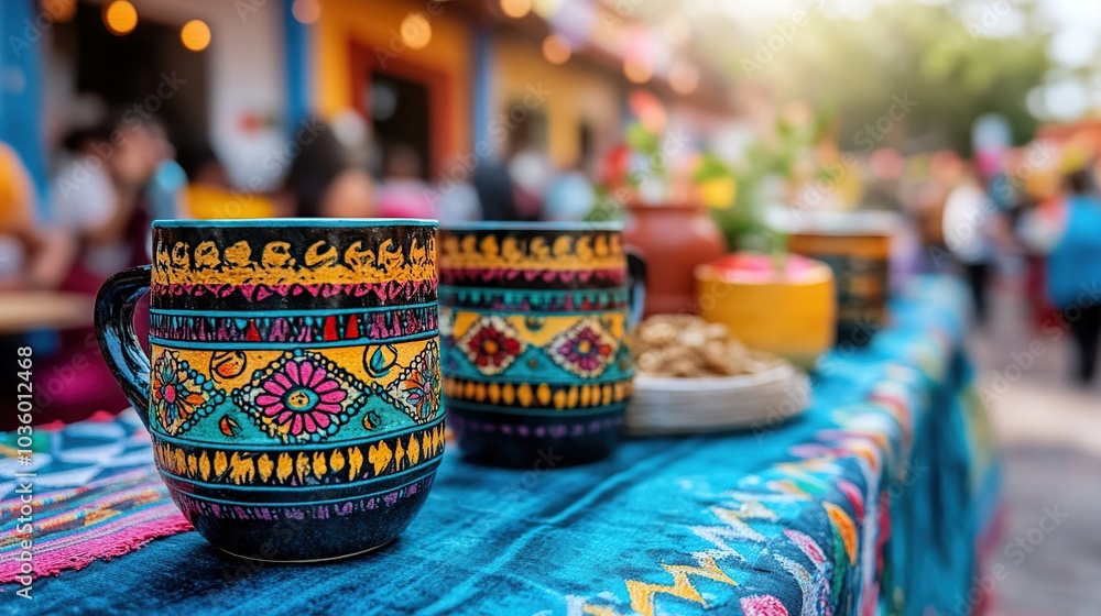 Colorful mugs on a vibrant table at a market. Colorful mugs on a vibrant table at a market.