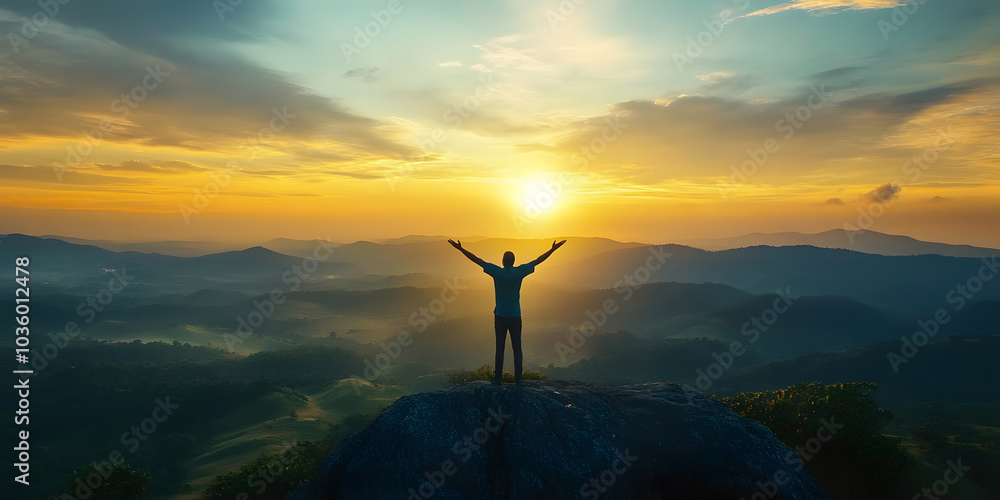 Happy man rise hand on morning view. Christian inspire praise God on good friday background. Now one man self confidence on peak open arms enjoying nature the sun concept world wisdom fun hope.
