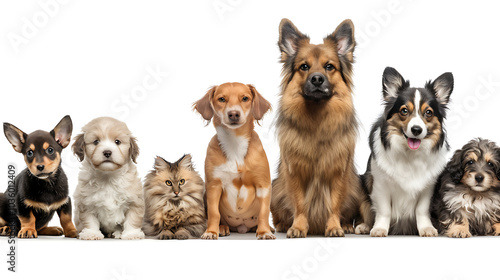 A group of adorable dogs and a cat sitting in a row and looking at the camera.