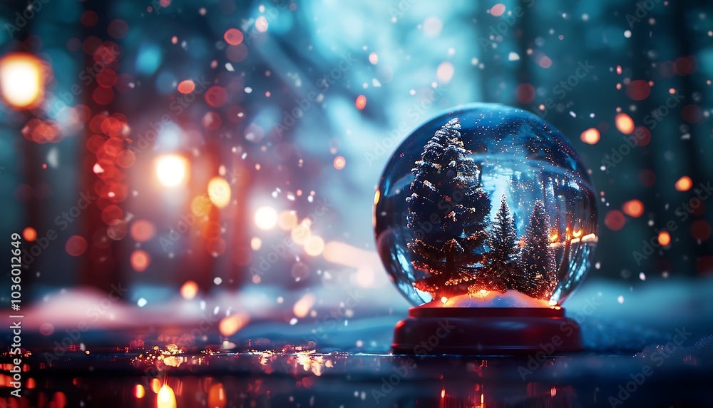 Christmas crystal ball in snow with bokeh lights on background. Christmas crystal ball in snow with bokeh lights on background.