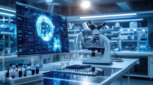 Modern Laboratory with Microscope and Digital Display
