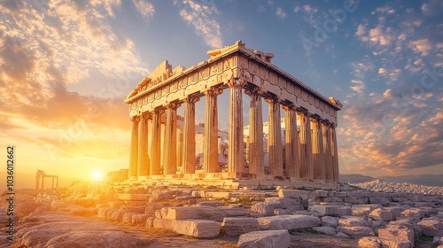 The sun sets behind the magnificent structure casting a warm glow over ancient stones