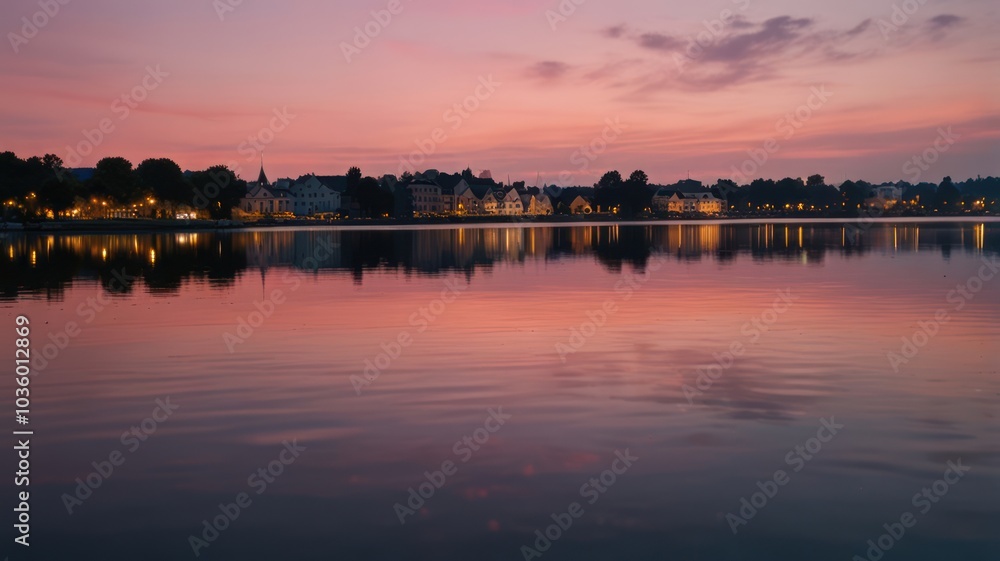 A picturesque town skyline reflected in a calm lake at sunset. The sky is ablaze with a vibrant pink and orange hue. A picturesque town skyline reflected in a calm lake at sunset. The sky is ablaze with a vibrant pink and orange hue.