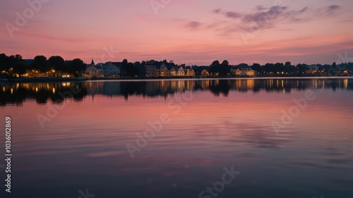 A picturesque town skyline reflected in a calm lake at sunset. The sky is ablaze with a vibrant pink and orange hue.