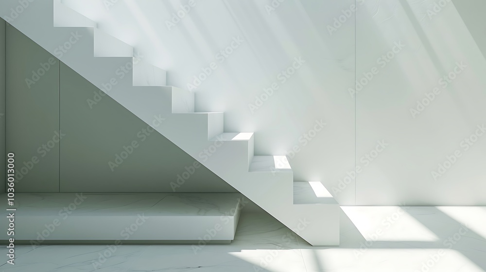 Naklejka premium White stairs with shadow on wall, interior design concept. 3d render