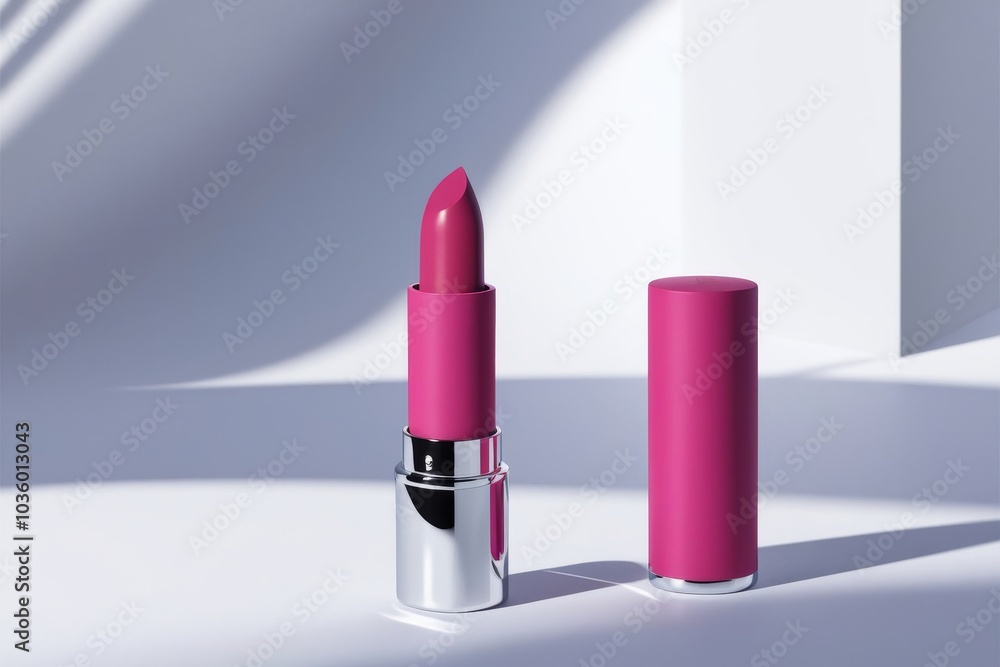 Vibrant pink lipstick in a sleek matte tube with the cap removed, light background for a bold yet elegant beauty product mockup Vibrant pink lipstick in a sleek matte tube with the cap removed, light background for a bold yet elegant beauty product mockup