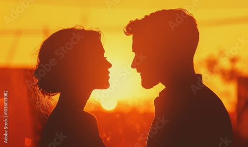 Silhouette of a couple gazing at each other in warm hues during sunset, reflecting a moment of connection and intimacy