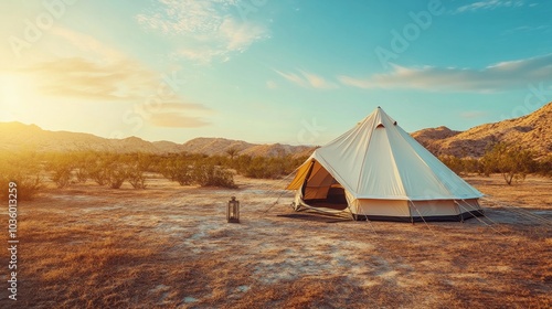 Experience luxury and tranquility in a stunning desert tent at sunset