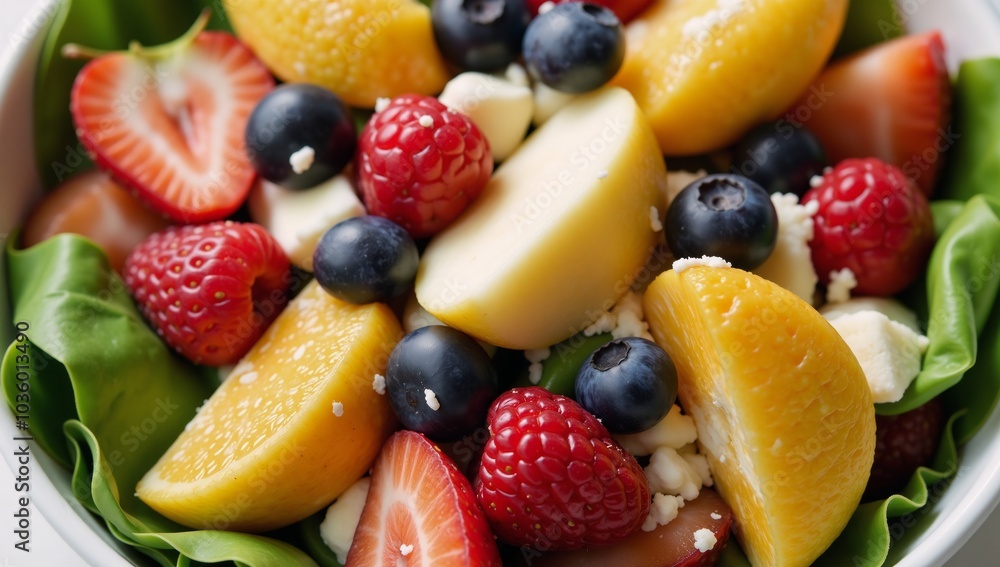 Top view of vibrant fruit berry laden salad bowl with cheese colorful close-up Top view of vibrant fruit berry laden salad bowl with cheese colorful close-up