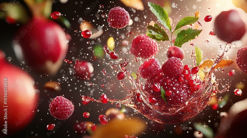   Raspberries falling into water with drops on the glass bottom