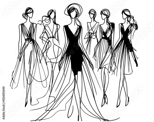 Black line hand drawn line fashion illustration. Girls in dress