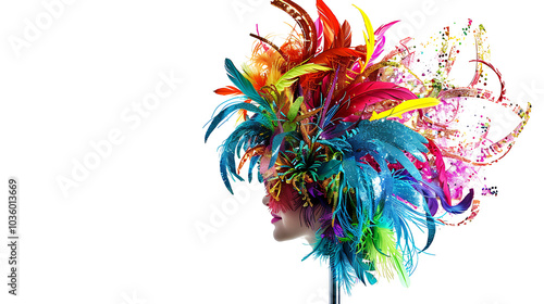 A mannequin head adorned with a vibrant, colorful headdress of feathers and glitter.