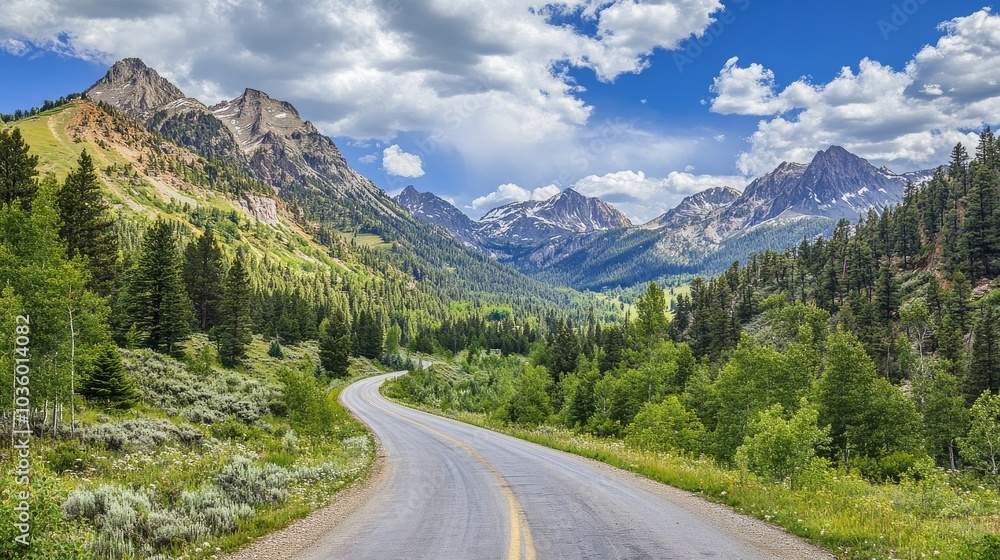 Obraz premium A serene mountain road curves gently through lush greenery beneath a vast blue sky