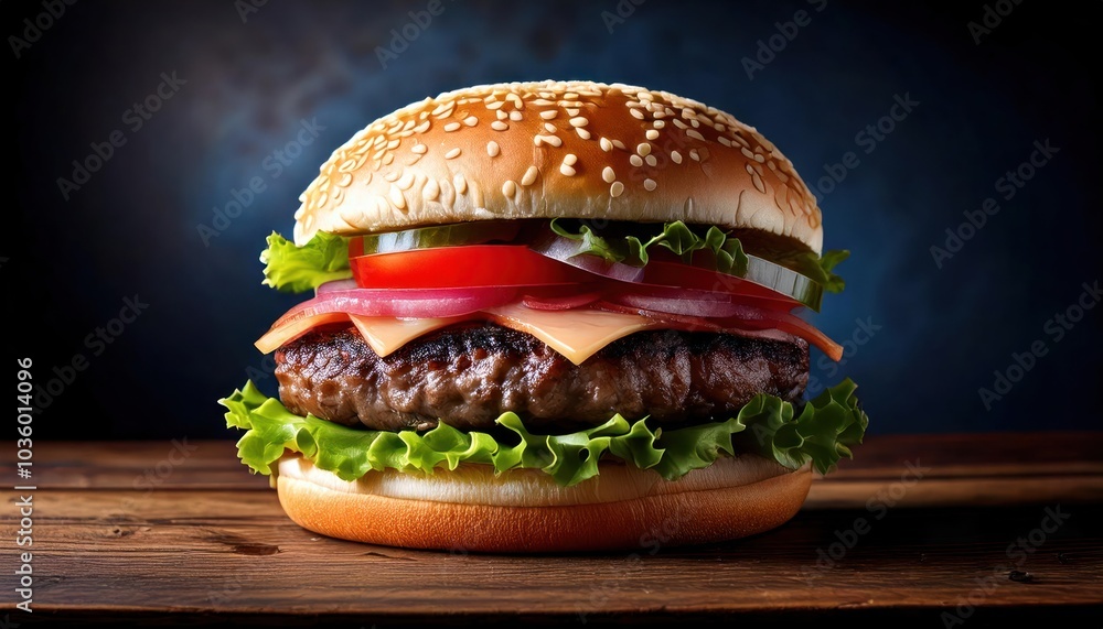 A large hamburger with lettuce, tomato, and ham A large hamburger with lettuce, tomato, and ham