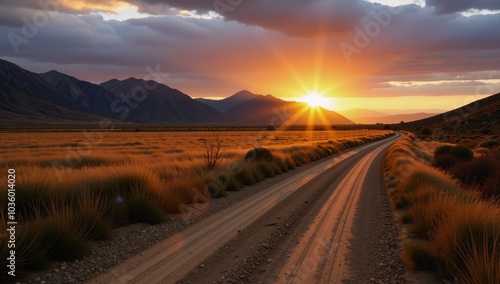 A dirt road leads through a field at golden hour toward the sunset over mountains TravelNature theme photo