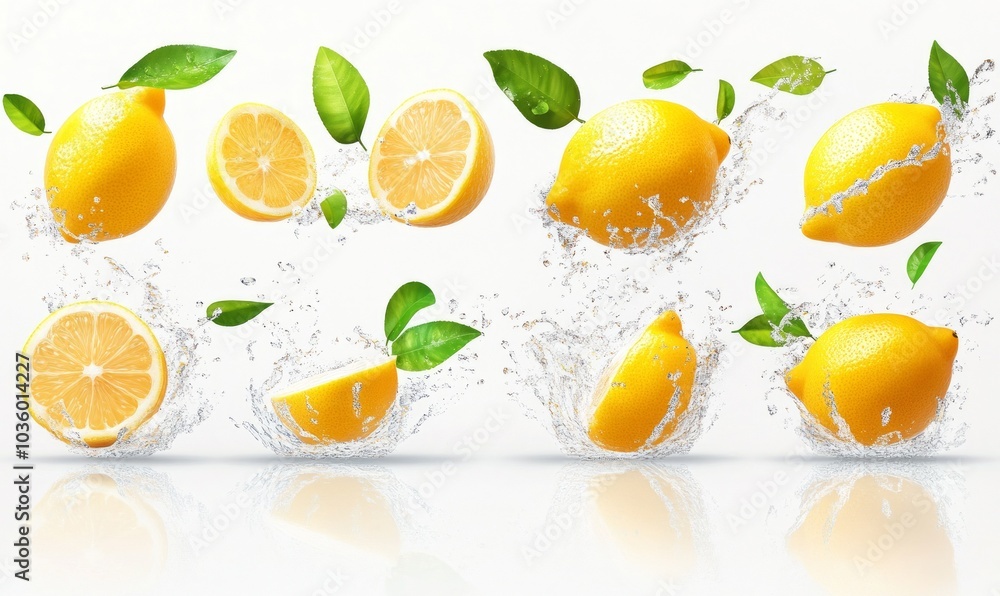 Set of fresh delicious lemons splashing with leaves Set of fresh delicious lemons splashing with leaves