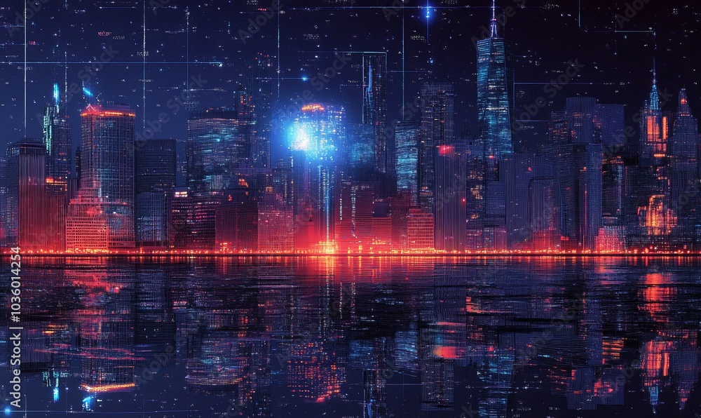 Obraz premium Night city panorama with network hologram