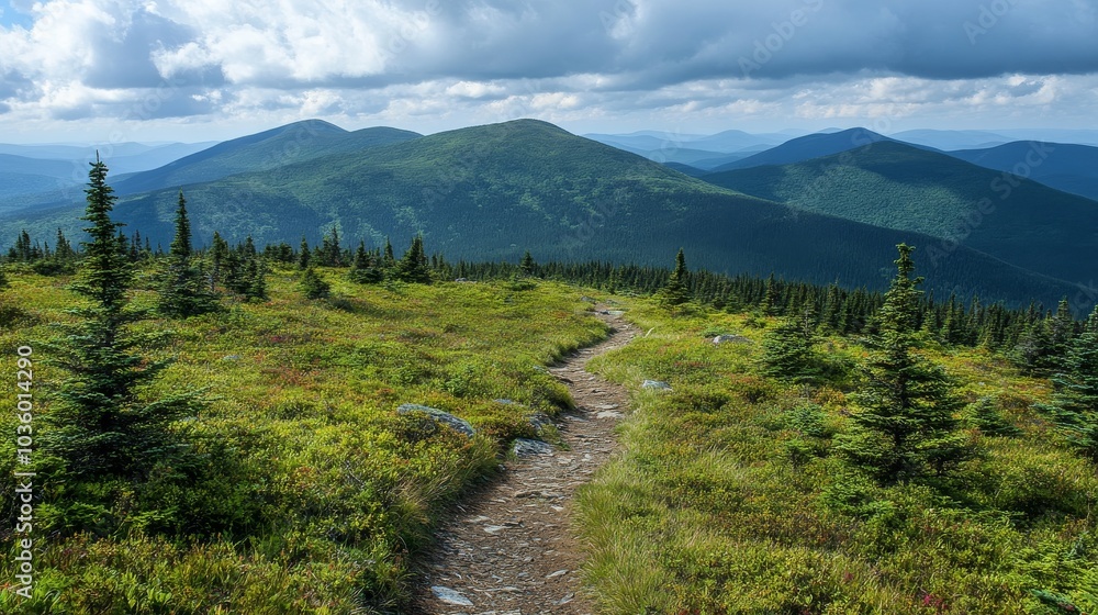 Gentle slopes and lush greenery guide hikers to a stunning mountain viewpoint Gentle slopes and lush greenery guide hikers to a stunning mountain viewpoint
