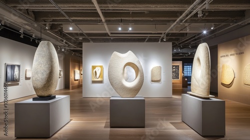 Modern Art Exhibition with Sculptures and Paintings