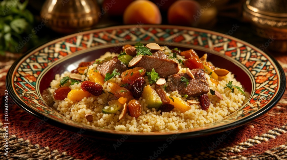 A delightful plate of Moroccan couscous with tender lamb, vegetables, and a medley of aromatic spices A delightful plate of Moroccan couscous with tender lamb, vegetables, and a medley of aromatic spices