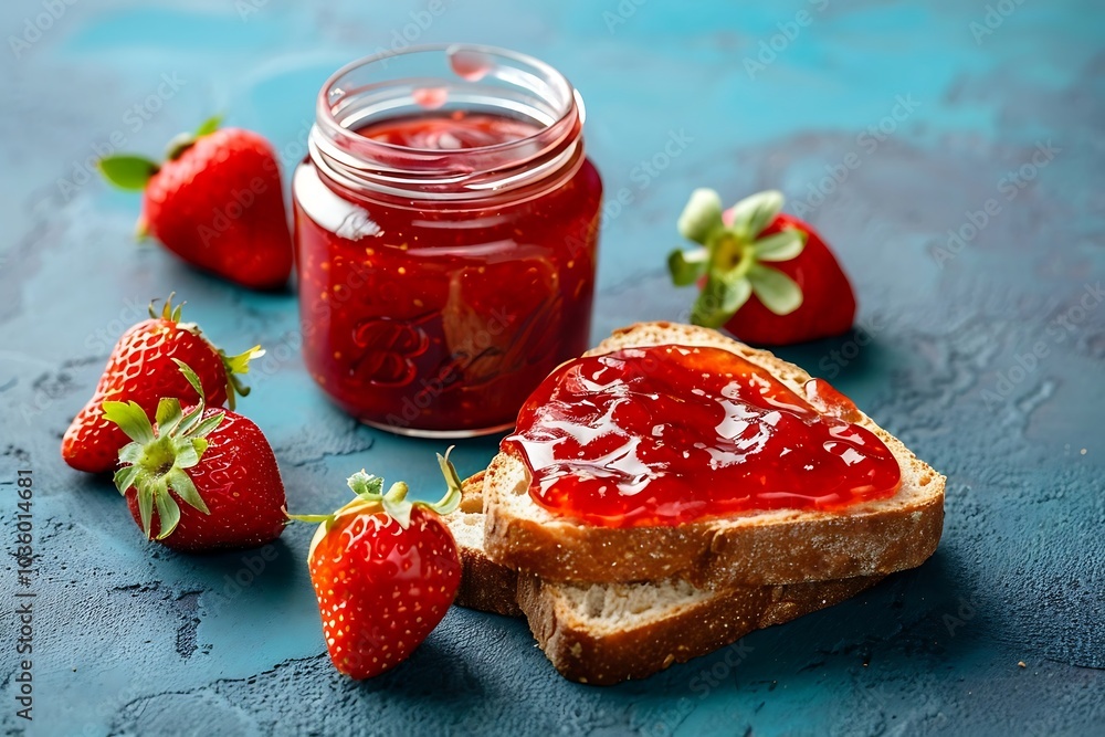 Toast with strawberry jam and fresh berries on a blue background.