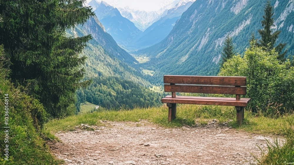 A serene wooden bench overlooks lush green mountains and valleys under clear blue skies A serene wooden bench overlooks lush green mountains and valleys under clear blue skies