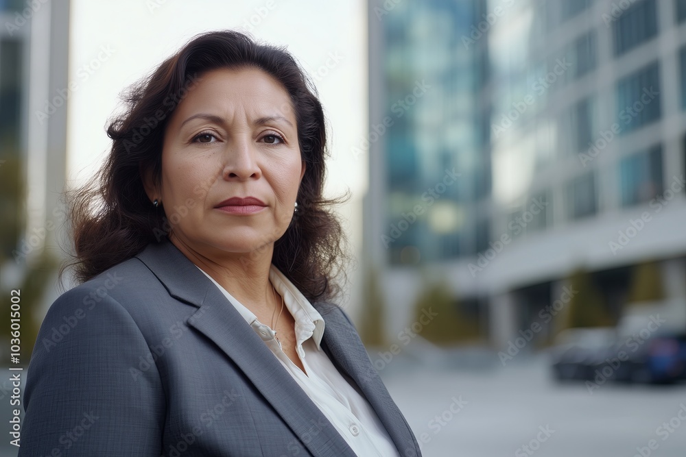 Portrait of a mature middle-aged hispanic latina woman in suit outdoors with a blurry business center in backdrop Portrait of a mature middle-aged hispanic latina woman in suit outdoors with a blurry business center in backdrop