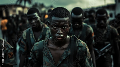  young men being marched by soldiers through the streets, their faces a mix of fear and resignation