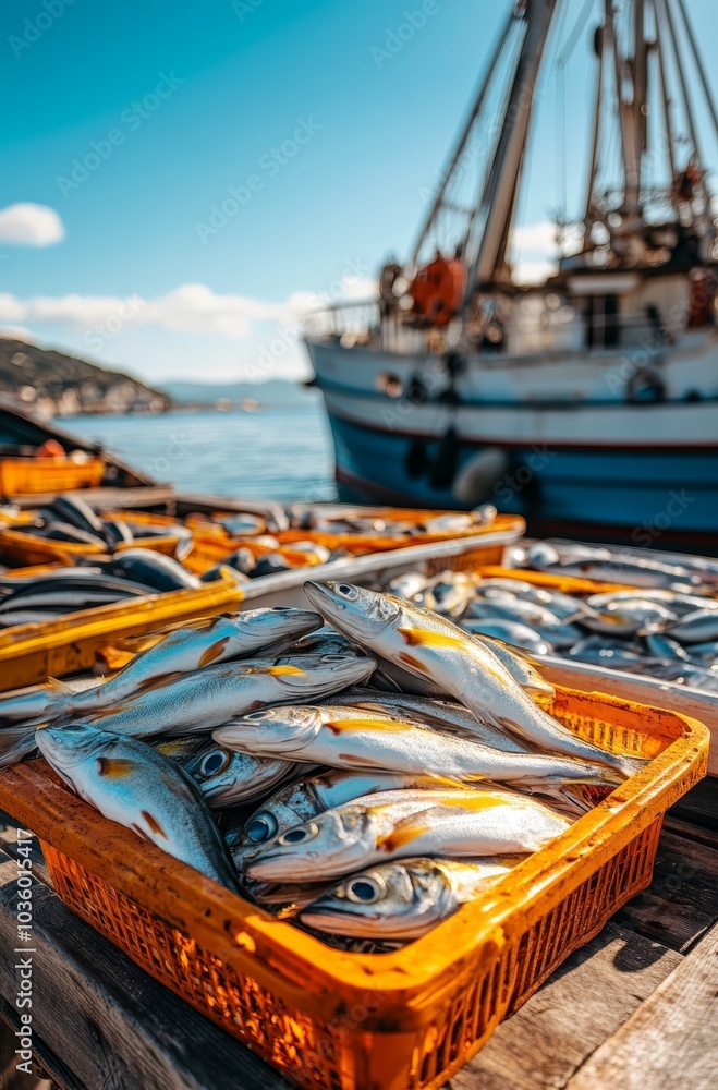 Freshly caught fish displayed in baskets near a fishing boat. Freshly caught fish displayed in baskets near a fishing boat.