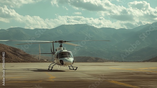 The sleek helicopter prepares for takeoff amidst vast mountain ranges and a bright sky photo